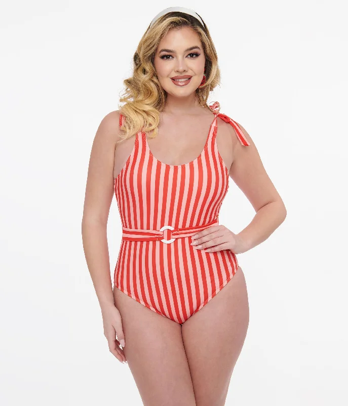 1950s Red Striped Belted One Piece Swimsuit