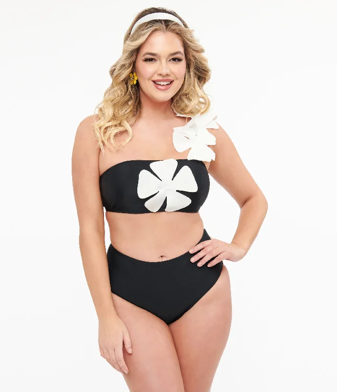 Black & White One Shoulder Flower Two Piece Swim Set