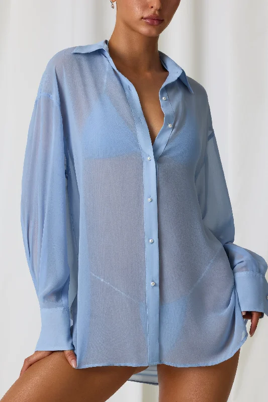 Pearl-Detail Oversized Shirt in Sky Blue