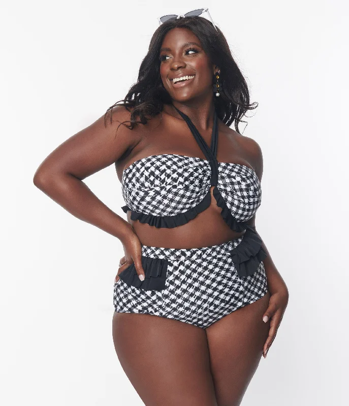 Unique Vintage Plus Size Black & White Bias Gingham Twist Front Halter Swim Top