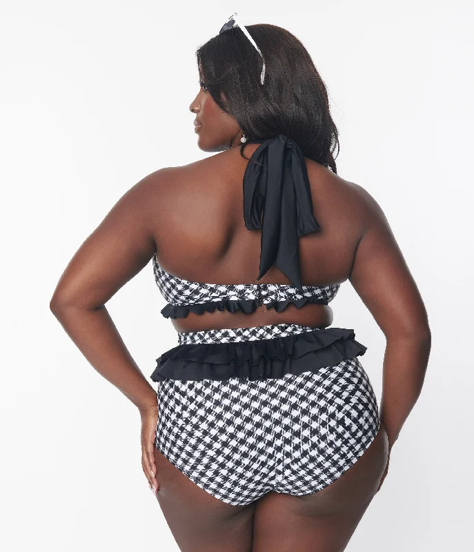 Unique Vintage Plus Size Black & White Bias Gingham Twist Front Halter Swim Top