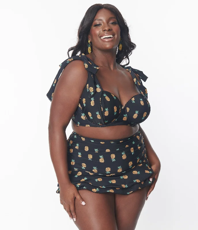 Unique Vintage Plus Size Black & Pineapple Print Totally Tied Up Swim Top