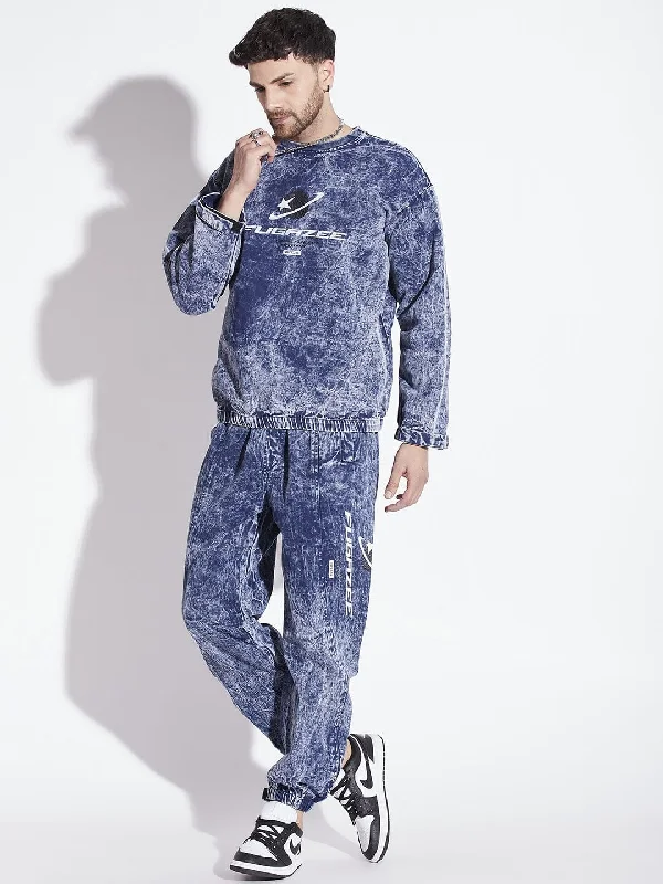 Blue Acid Washed Sweatshirt & Jogger Combo Tracksuit