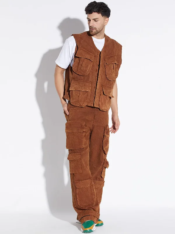 Brown Washed Denim Jacket and Pants Clothing Set