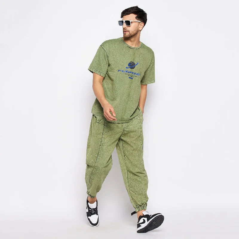 Green Acid Wash Tshirt and Trackpants Clothing Set