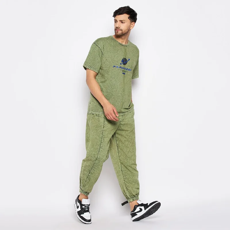 Green Acid Wash Tshirt and Trackpants Clothing Set