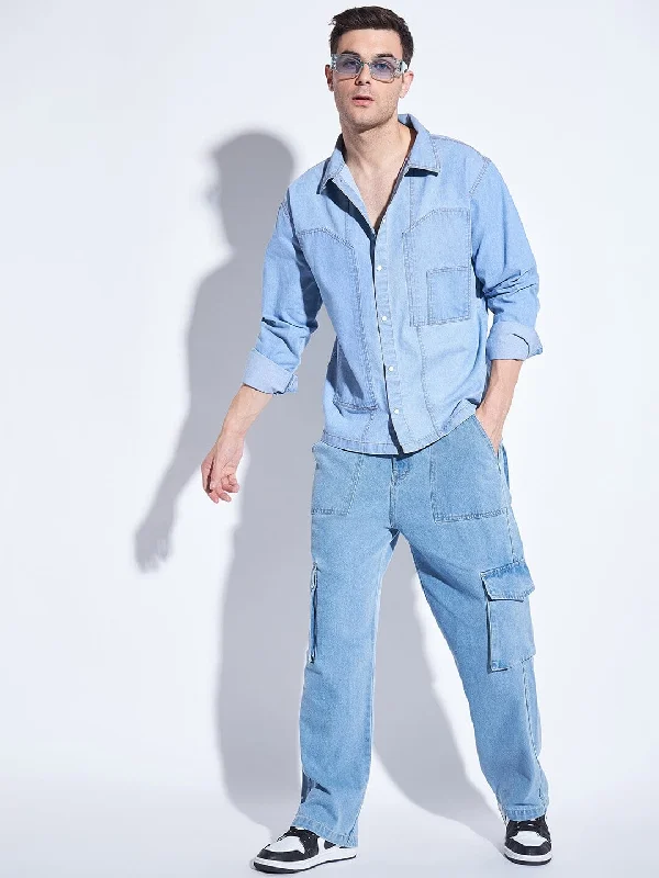 Ice Washed Denim Carpenter Shirt and Jeans Combo Clothing Set