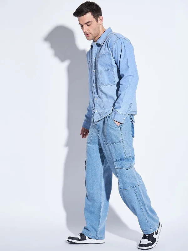 Ice Washed Denim Carpenter Shirt and Jeans Combo Clothing Set