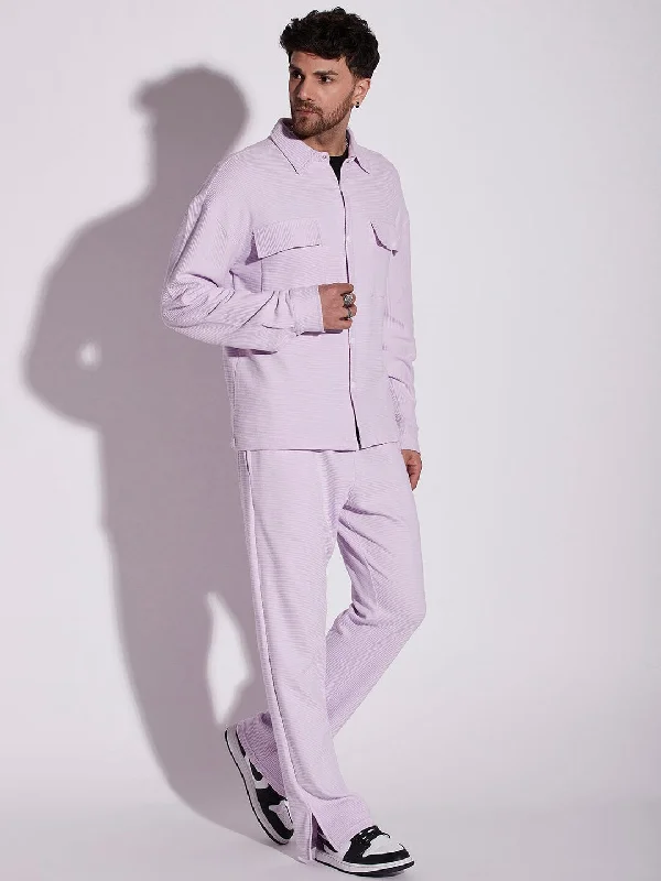 Lavender Pleated OverShirt And Pants Combo Set