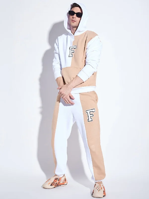 White & Beige Cut Sew Matching Tracksuit