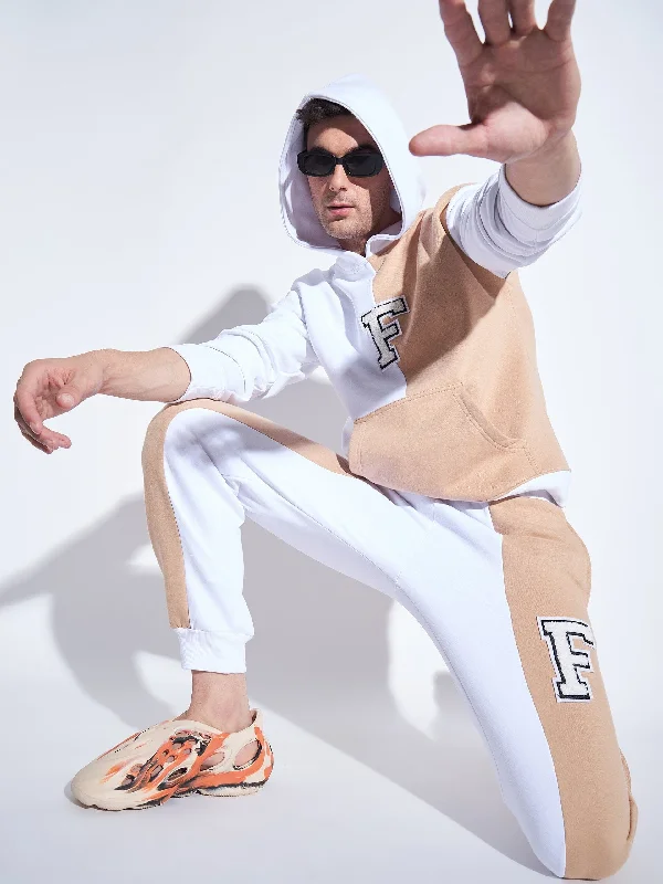 White & Beige Cut Sew Matching Tracksuit