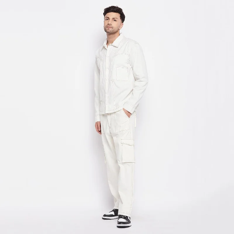 White Contrast Stich Carpenter Shirt & Cargo Pants Clothing Set