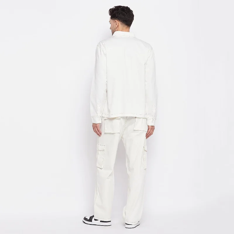 White Contrast Stich Carpenter Shirt & Cargo Pants Clothing Set