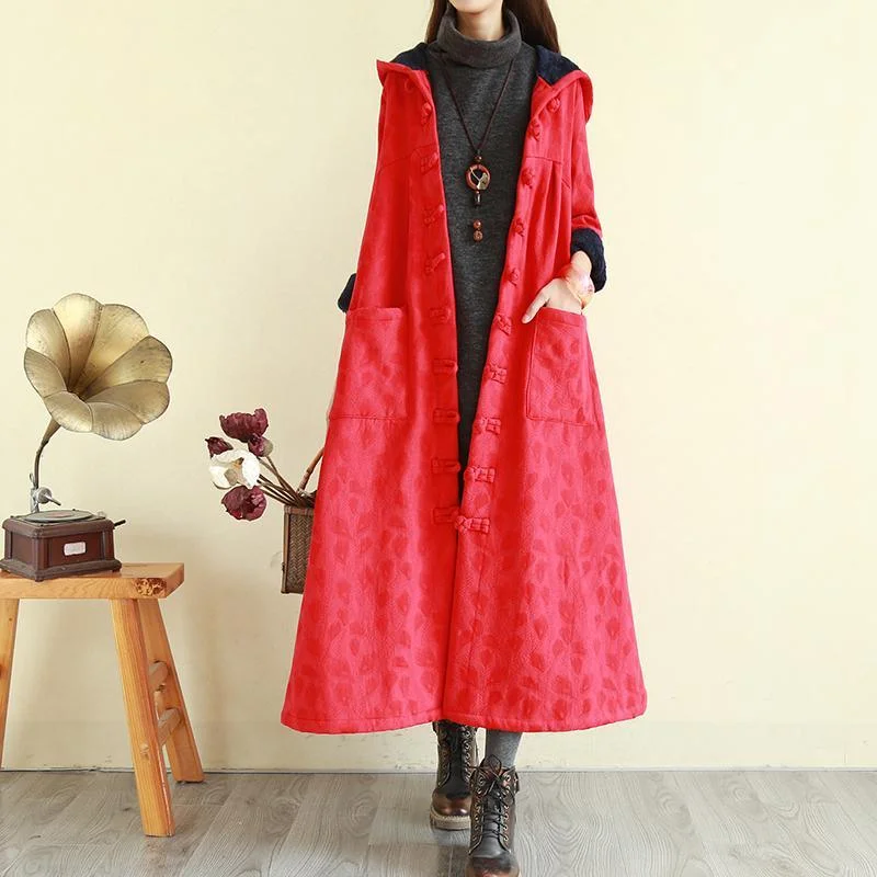 Art hooded Plus Size Chinese Button trench coat red Plus Size Clothing jackets