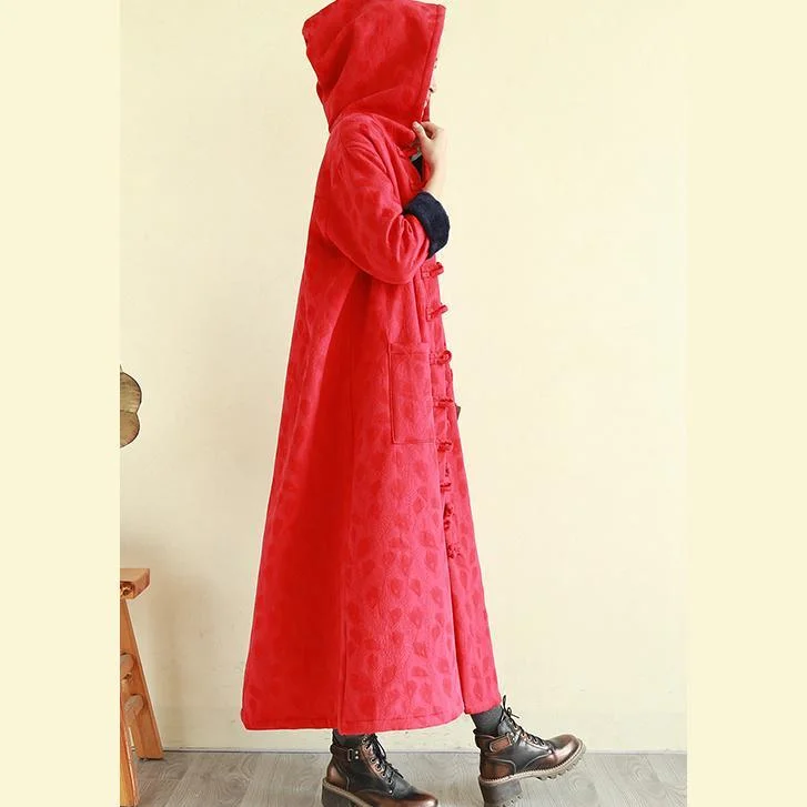 Art hooded Plus Size Chinese Button trench coat red Plus Size Clothing jackets