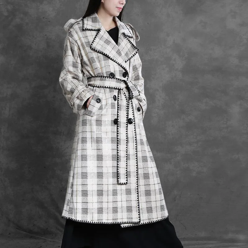 Art Notched Back Side Open Trench Coat White Plaid Outwears