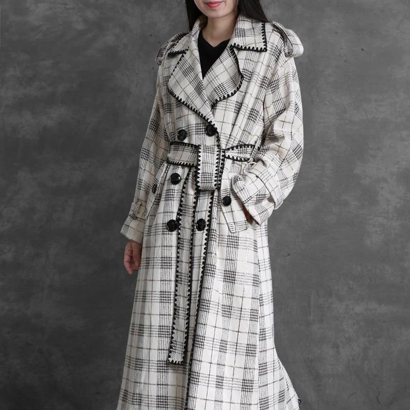 Art Notched Back Side Open Trench Coat White Plaid Outwears