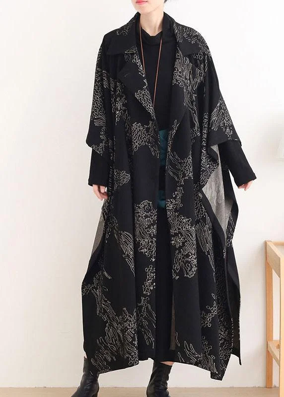 Beautiful Black Print Peter Pan Collar Button Long Trench coats