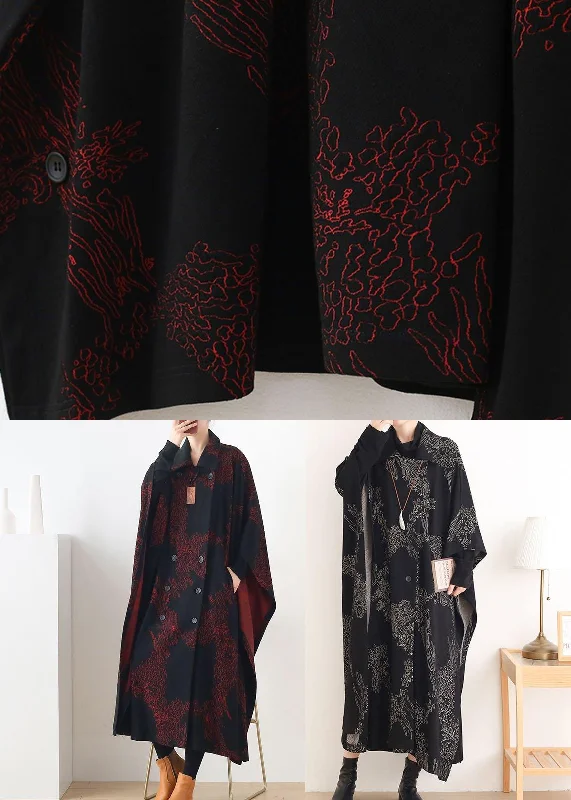 Beautiful Black Print Peter Pan Collar Button Long Trench coats