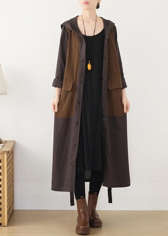 Beautiful hooded Plus Size striped trench coat chocolate cotton women coats