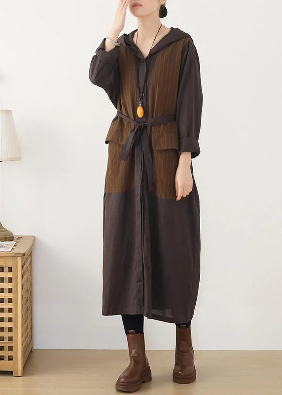 Beautiful hooded Plus Size striped trench coat chocolate cotton women coats