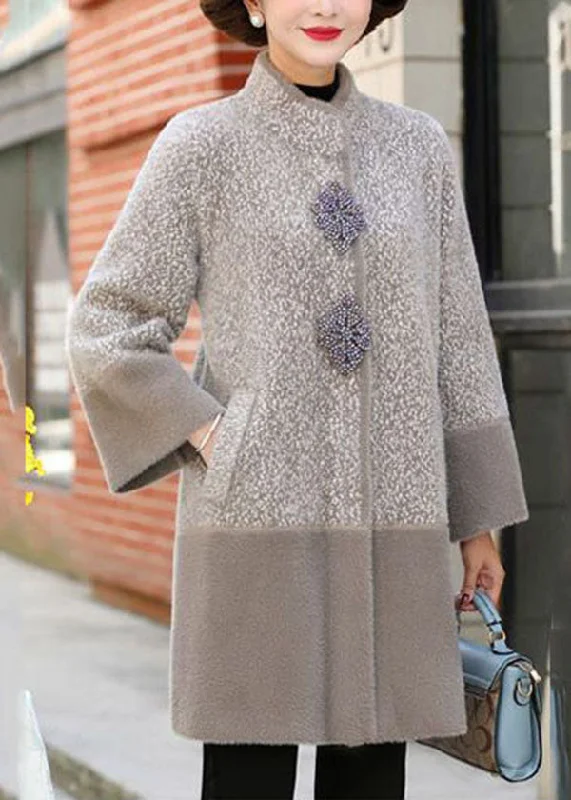 Beautiful Light Grey Stand Collar Patchwork Pockets Mink Hair Knitted Trench Coats Winter