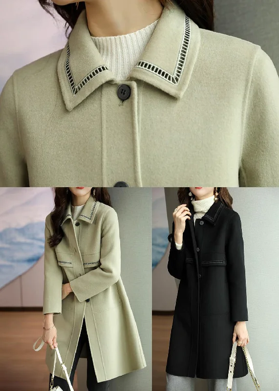 Black Patchwork Woolen Trench Coats Turn Collar Button Down Fall