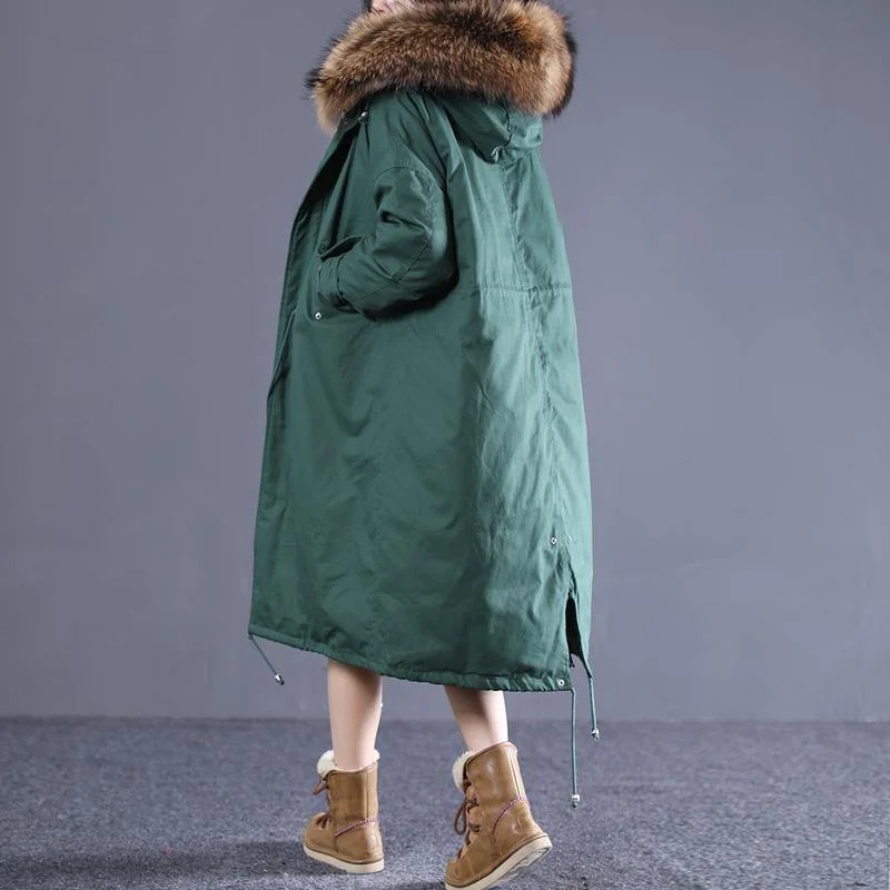 blackish green down overcoat plus size clothing hooded fur collar quilted coat