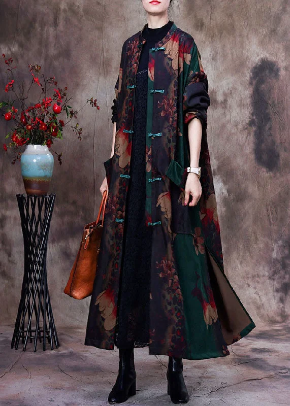 Bohemian Green Print Patchwork Side Open Oriental Button Cotton Trench Coat Long Sleeve