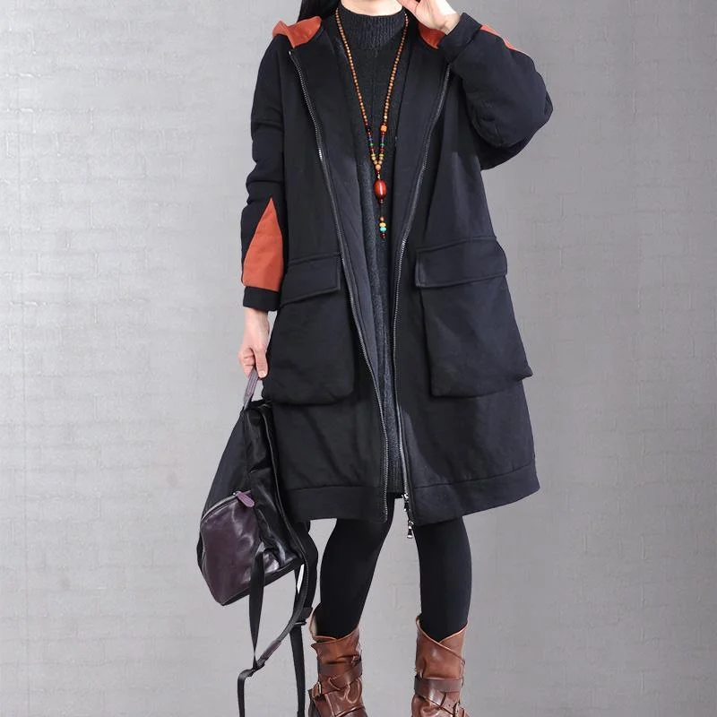 boutique black Coats plus size clothing hooded patch work trench coat