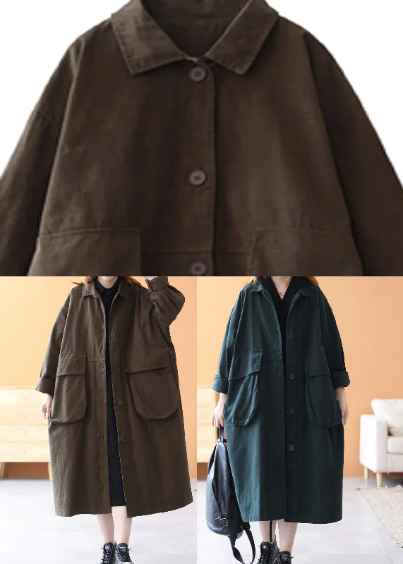 Brown Peter Pan Collar Button Cotton Trench Coats Long Sleeve