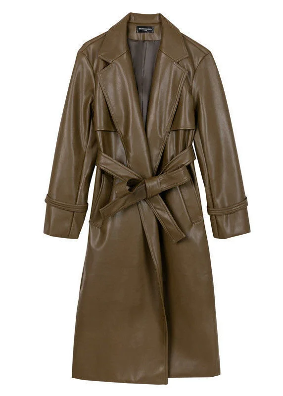 Brown Solid Color Faux Leather Trench Coats Notched Collar Sashes Winter