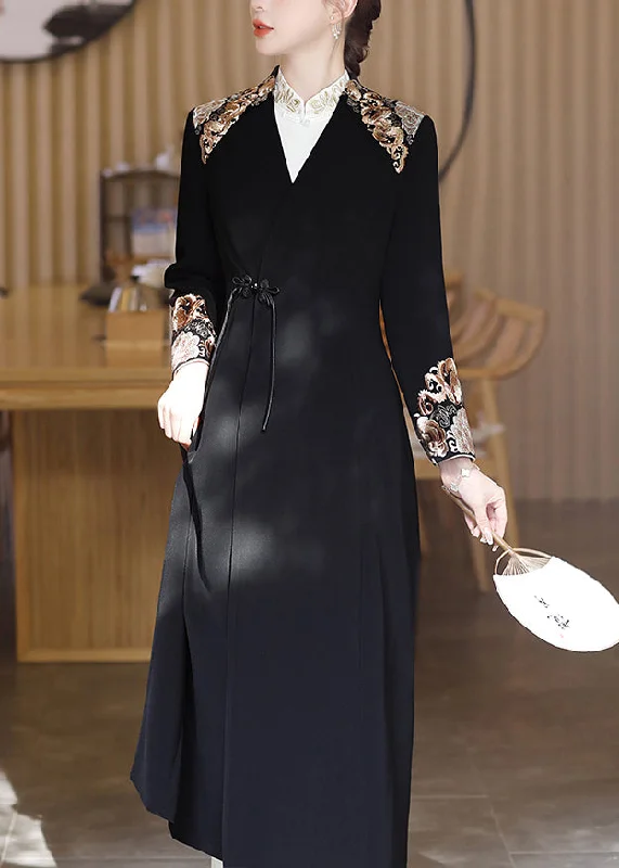 Chic Black V Neck Embroideried Button Satin Trench Coats Fall