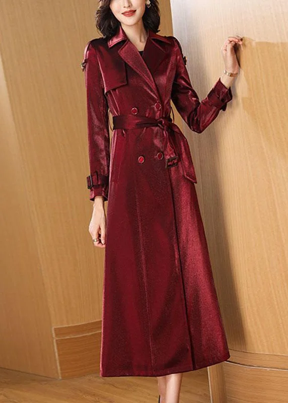 Classy Wine Red Pockets Tie Waist Cotton Long Trench Coats Fall