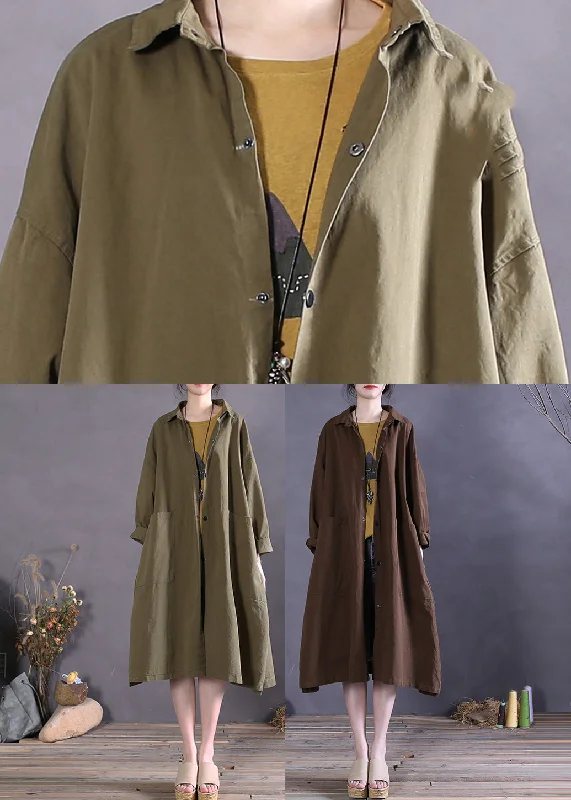 Coffee Colour Peter Pan Collar Pockets Cotton Trench Coats Long Sleeve