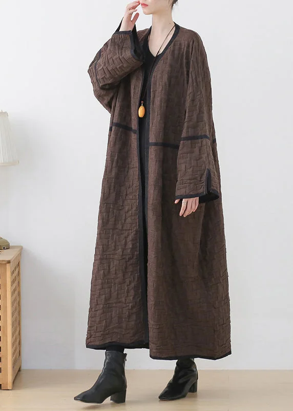 Coffee Colour V Neck Patchwork Woolen Trench Coats Long Sleeve