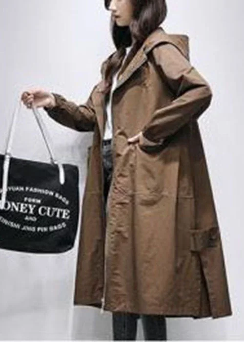 Coffee Patchwork Loose Trench Coat Zip Up Spring