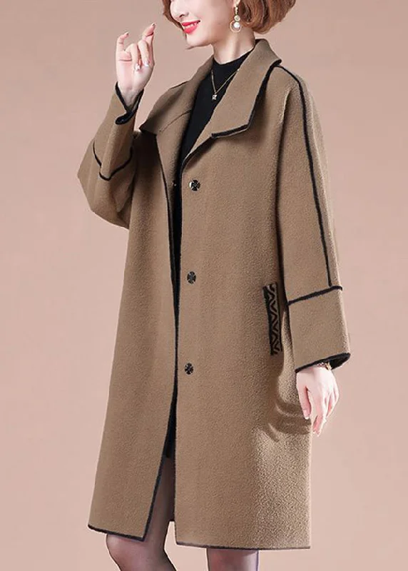 Coffee Patchwork Woolen Trench Coats Oversized Winter