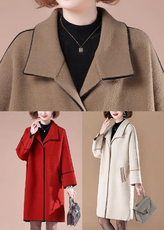 Coffee Patchwork Woolen Trench Coats Oversized Winter