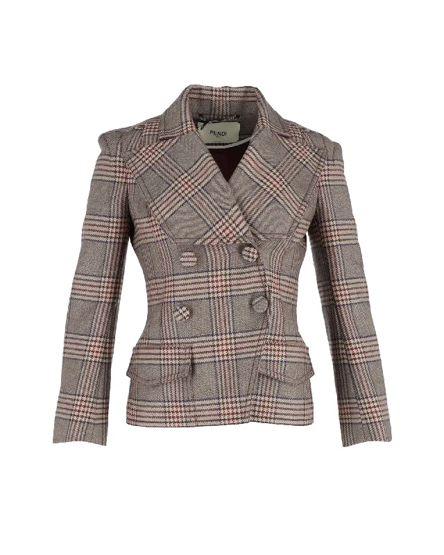 Fendi Double Breasted Prince Of Wales Checked Jacket in Brown Wool