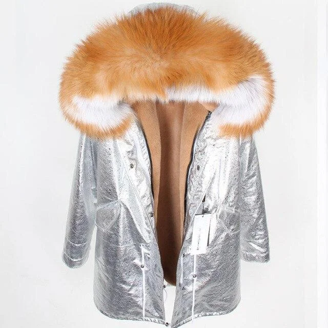 Large Hooded Long Detachable Women's Fox Fur Leather Lining Coats & Jackets