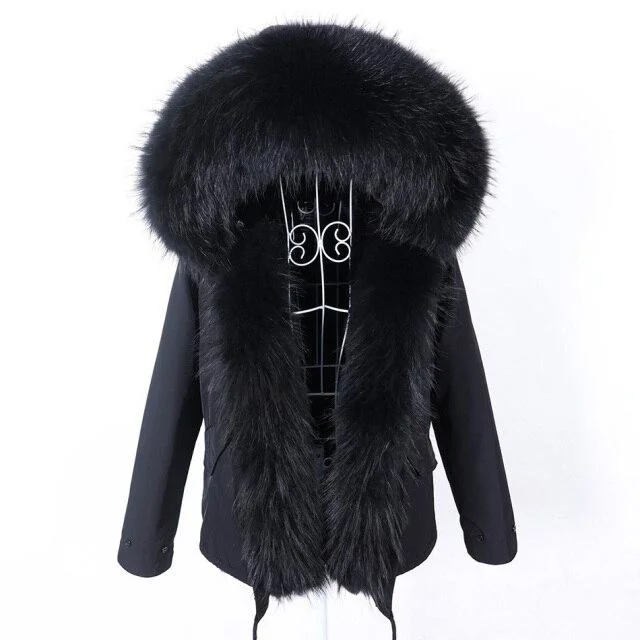 Natural Racoon Fur Collared Full Sleeves Winter Hooded Jacket for Women