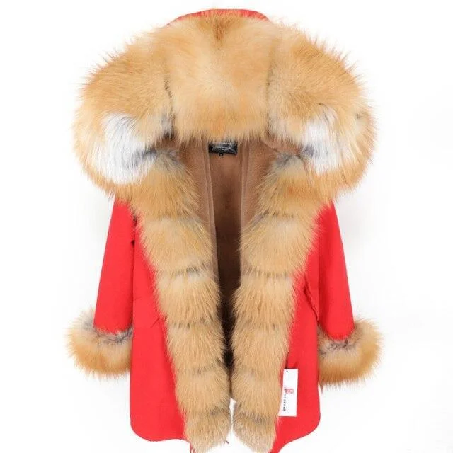 Red Color Women's Fox Fur Leather Hooded Long Detachable Coats & Jackets