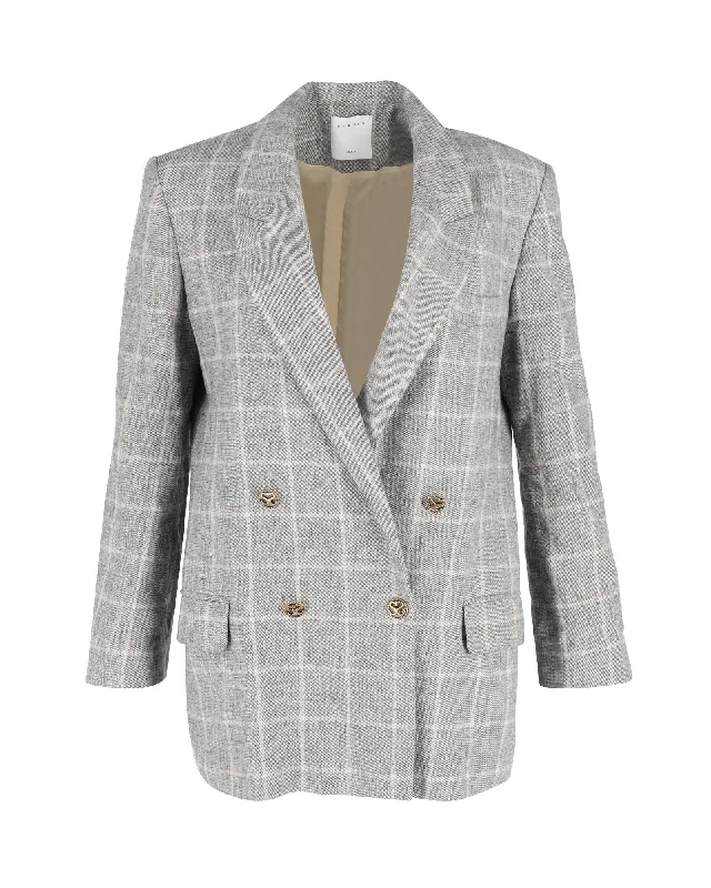 Sandro Paris Beyane Checked Double-Breasted Blazer in Gray Cotton