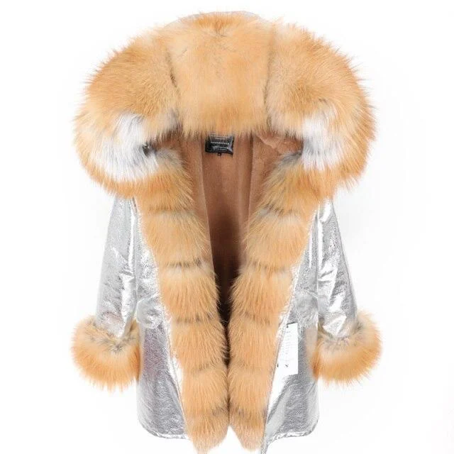 Silver Color Women's Fox Fur Leather Hooded Long Detachable Coats & Jackets