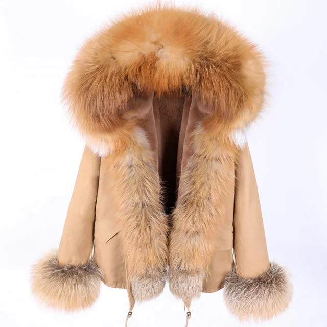 Slim Winter Thick Women's Zipper Natural Raccoon Fur Hooded Coats & Jackets