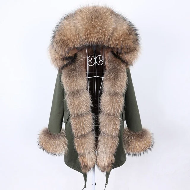 Warm Winter Style Army Green Natural Fur Collar Coat Parka Jacket for Women