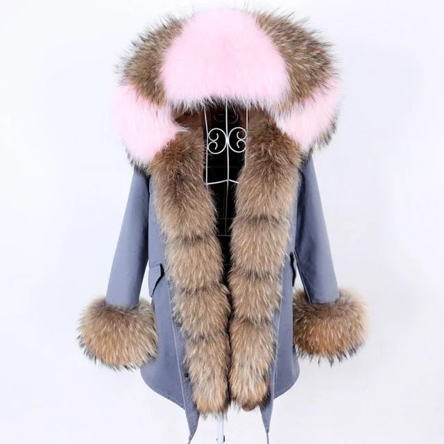 Warm Winter Style Blue and Gray Natural Fur Collar Coat Parka Jacket for Women