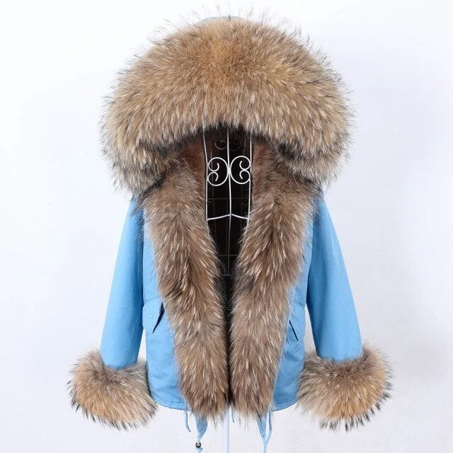 Winter Parkas with Natural Racoon Fur Trim on Sleeves and Collar for Women