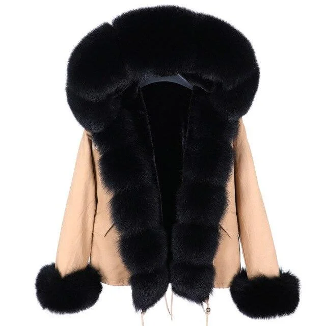 Winter Short Women's Slim Natural Raccoon Real Fox Fur Hood Coats & Jackets